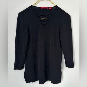 Anne Klein Black Lace Up Rib Knit 3/4 Sleeve Lightweight Sweater Top Medium